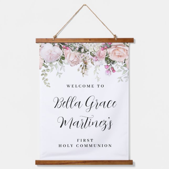 Pink Rose Floral First Communion Welcome Hanging Tapestry (Front)