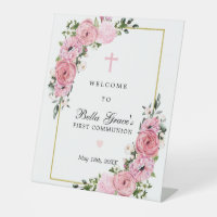 Pink Rose Floral First Communion Welcome