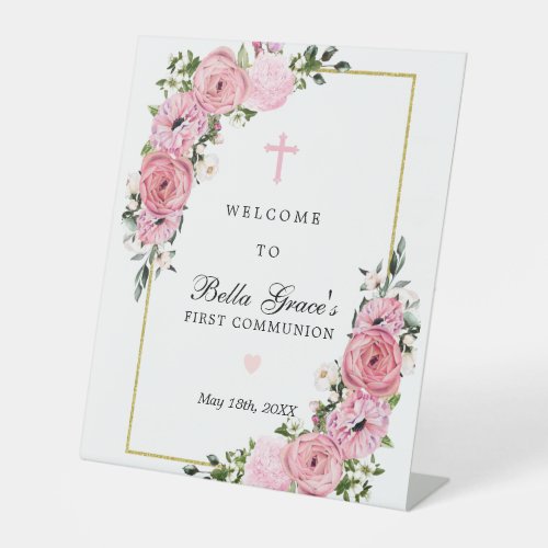 Pink Rose Floral First Communion Welcome Pedestal Sign