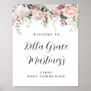 Pink Rose Floral First Communion Welcome Sign