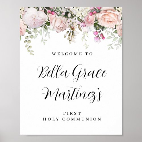 Pink Rose Floral First Communion Welcome Sign