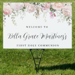 Pink Rose Floral First Communion Welcome Yard Sign