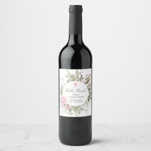 Pink Rose Floral First Communion  Wine Label