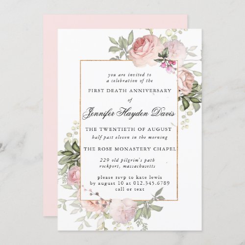 Pink Rose Floral First Death Anniversary Invitation