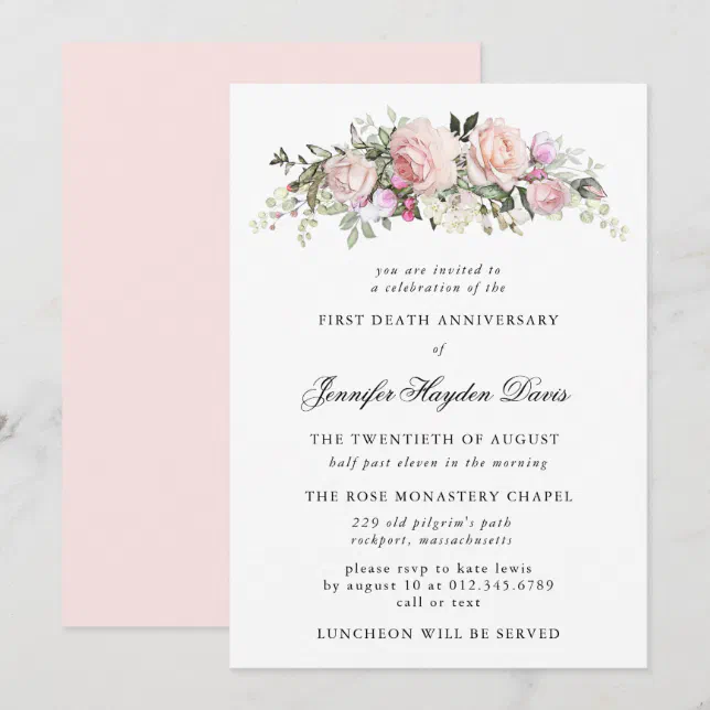 Pink Rose Floral First Death Anniversary Invitation | Zazzle