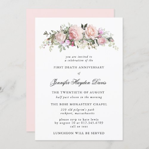 Pink Rose Floral First Death Anniversary Invitation