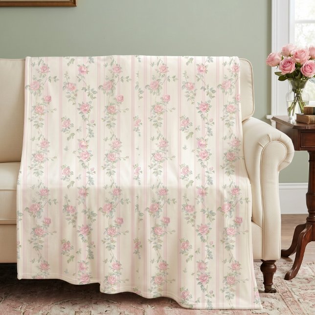 Pink Rose Floral Fleece Blanket (elegant coquette pink rose floral stripe fleece blanket)