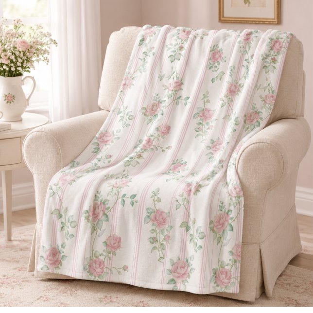 Pink Rose Floral Fleece Blanket (elegant coquette pink rose floral stripe fleece blanket)