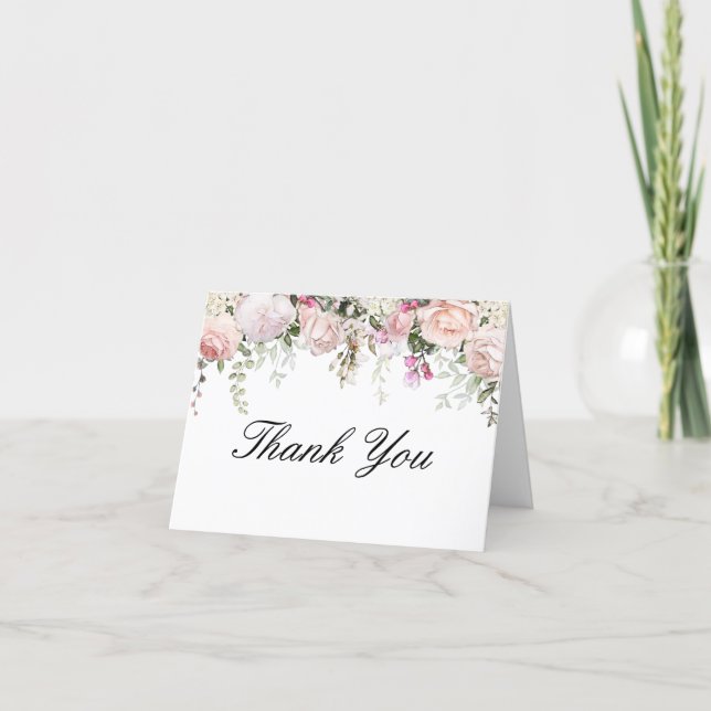Pink Rose Floral Funeral Folded Thank You Card (Front)