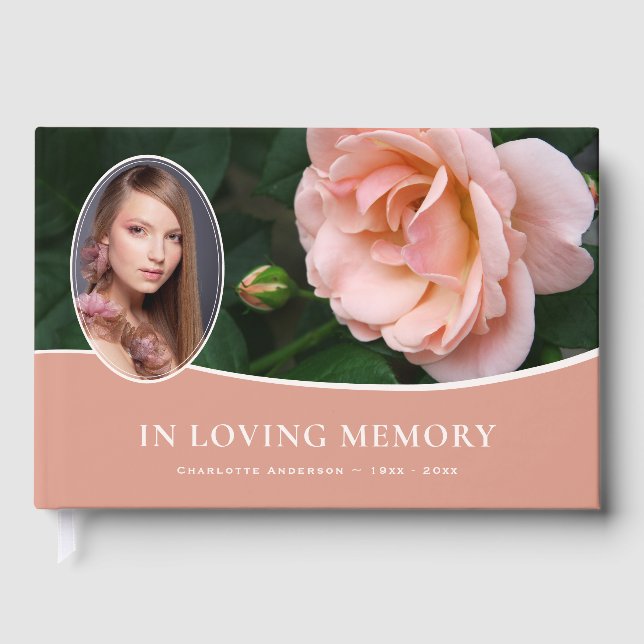 Pink Rose Floral Funeral Memorial Photo Guest Book (Front)