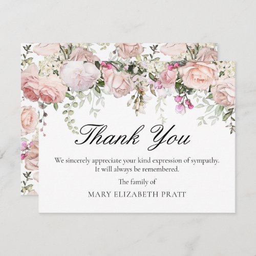 Pink Rose Floral Funeral Thank You Card