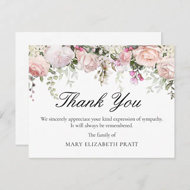 Pink Rose Floral Funeral Thank You Card Zazzle