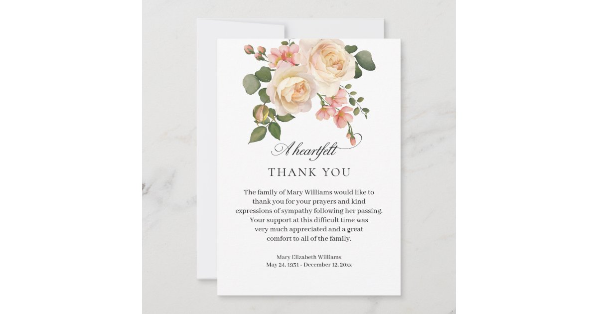 Pink Rose Floral Funeral Thank You Card | Zazzle