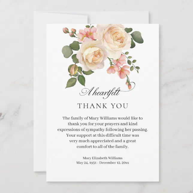 Pink Rose Floral Funeral Thank You Card | Zazzle