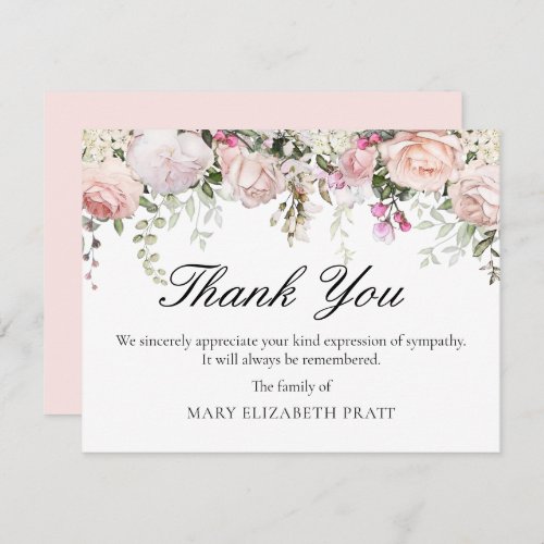 Pink Rose Floral Funeral Thank You Card