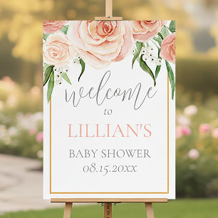 Pink Rose Floral Girl Baby Shower Welcome Sign
