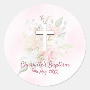 Pink rose floral girl Baptism Classic Round Sticker
