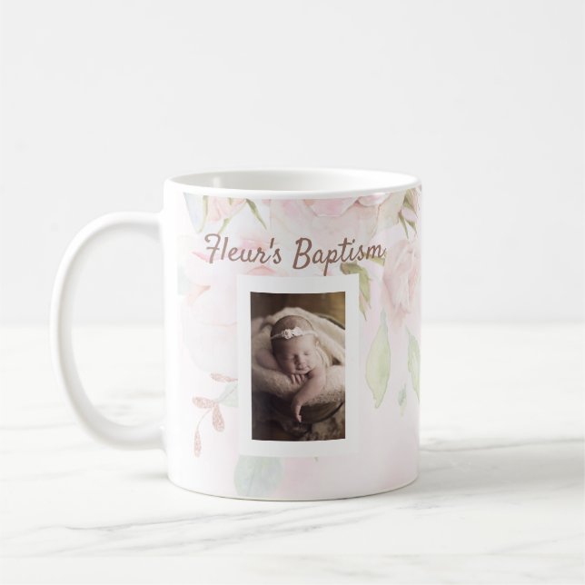 Pink rose floral girl Baptism Coffee Mug (Left)