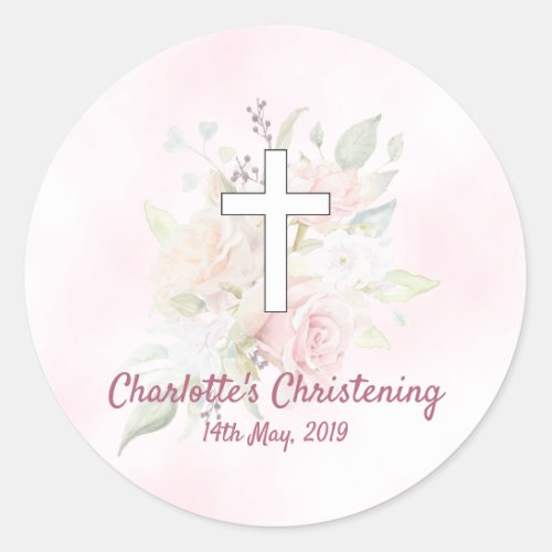 Pink rose floral girl Christening Classic Round Sticker