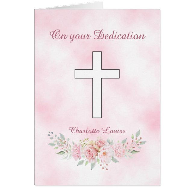 Pink rose floral girl Christian Dedication Cards (Front)