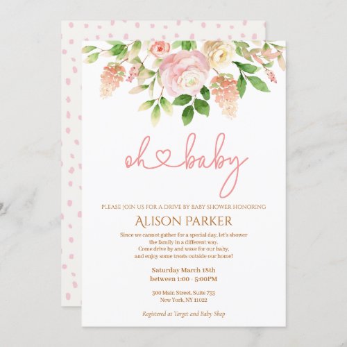 Pink Rose Floral Girl Drive By Baby Shower  Invitation