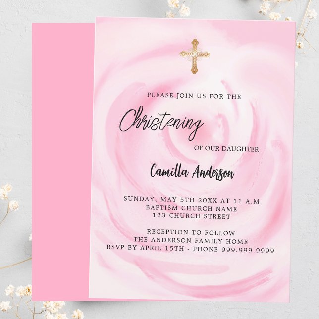 Pink rose floral girl luxury Christening Invitation (Creator Uploaded)