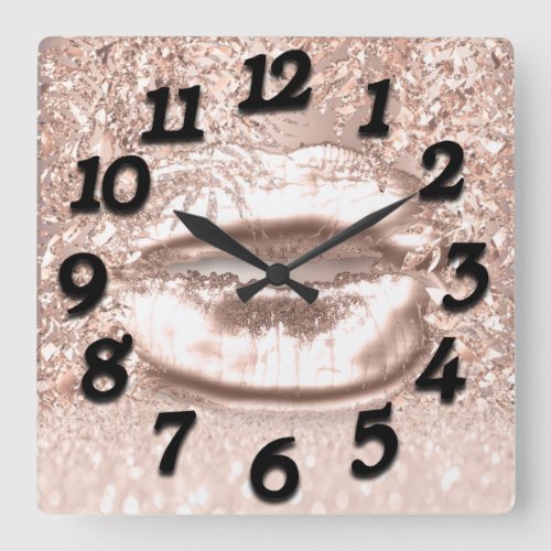 Pink Rose Floral Glitter Kiss Lips Numbers Beauty Square Wall Clock
