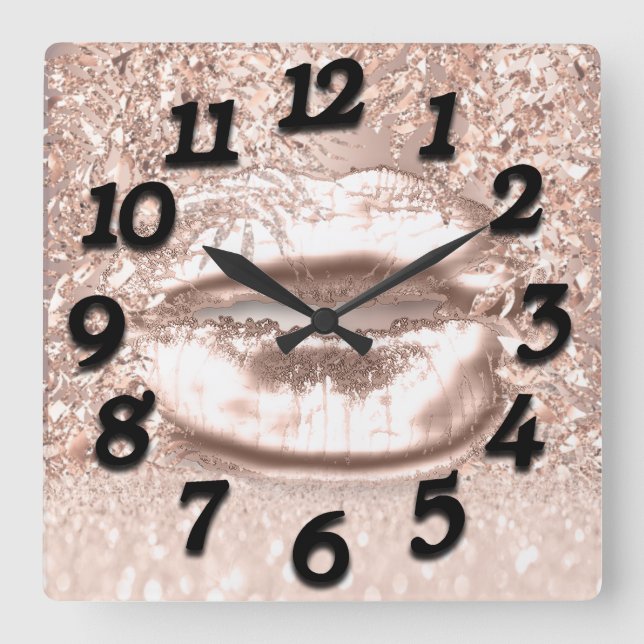 Pink Rose Floral Glitter Kiss Lips Numbers Beauty Square Wall Clock (Front)