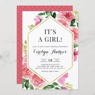 Pink Rose Floral Gold Foil It's a Girl Baby Shower Invitation