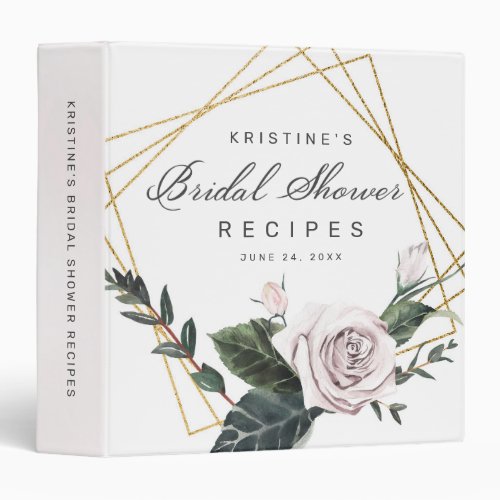 Pink Rose Floral Gold Frame Bridal Shower Recipe 3 Ring Binder
