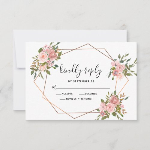 Pink Rose Floral Gold Frame Geometric Wedding  RSVP Card