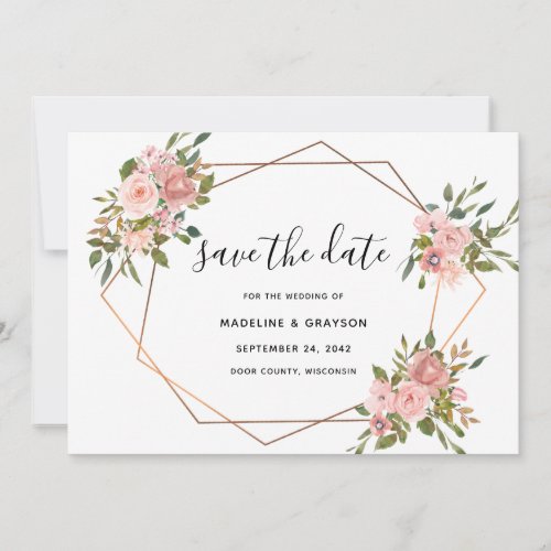 Pink Rose Floral Gold Frame Geometric Wedding Save The Date