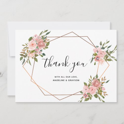 Pink Rose Floral Gold Frame Geometric Wedding Thank You Card