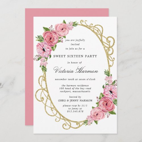 Pink Rose Floral Gold Frame Sweet 16 Party Invitat Invitation