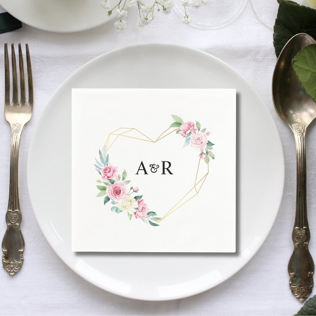 Pink Rose Floral Gold Heart Shaped Frame Wedding Napkins (Creator Uploaded)