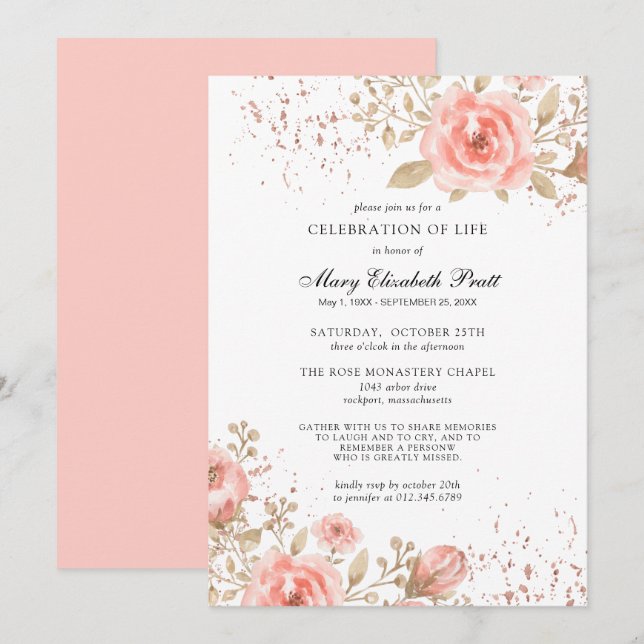 Pink Rose Floral Gold Leaves Celebration of Life Invitation (Front/Back)
