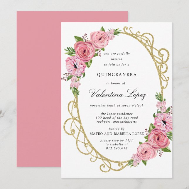 Pink Rose Floral Gold Quinceanera Invitation (Front/Back)