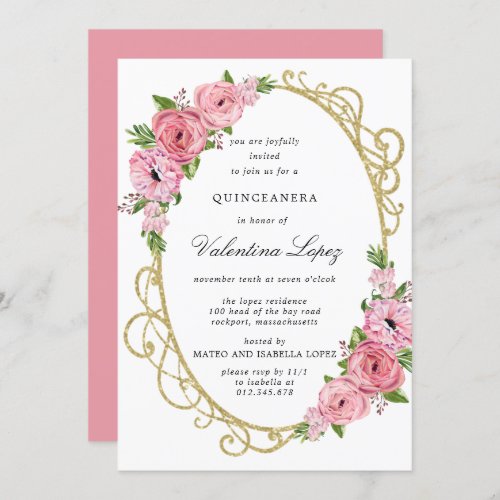 Pink Rose Floral Gold Quinceanera Invitation