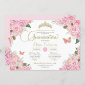 Elegant Blush Pink Peach Floral Quinceanera Invitation