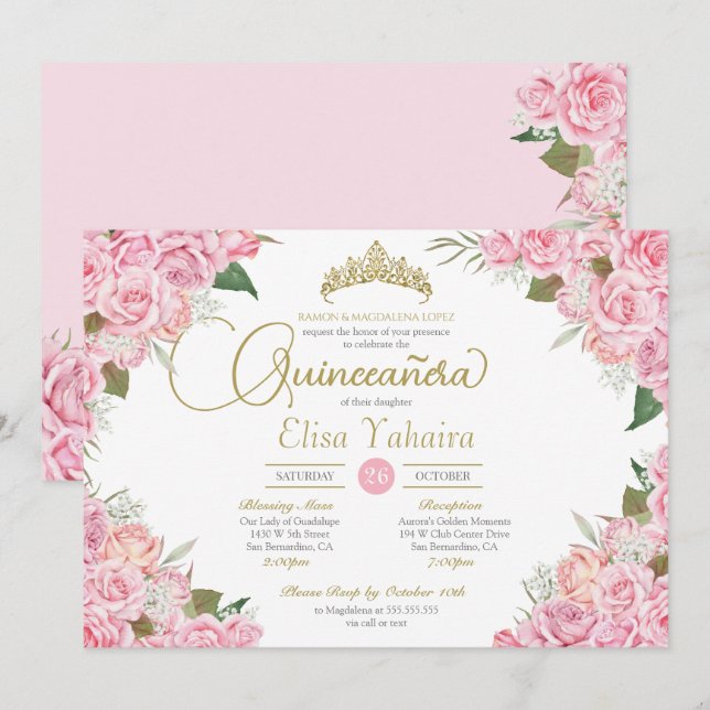 Pink Rose Floral Gold Tiara Quinceanera  Invitation (Front/Back)