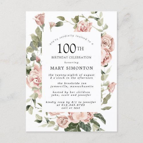 Pink Rose Floral Greenery 100th Birthday Invitation Postcard