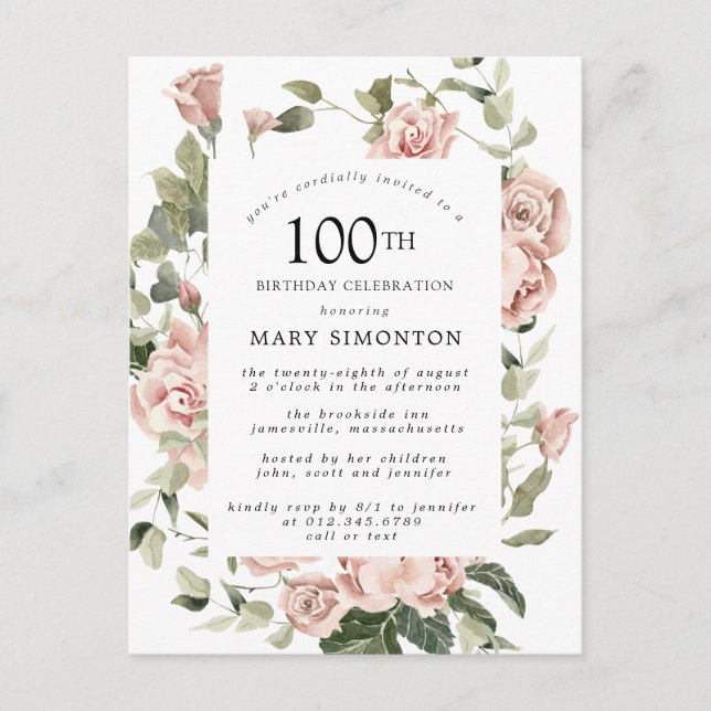 Pink Rose Floral Greenery 100th Birthday Invitation Postcard (Front)