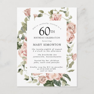 Pink Rose Floral Greenery 60th Birthday  Invitation Postcard
