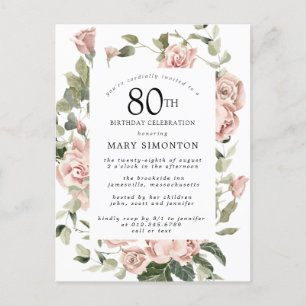 Pink Rose Floral Greenery 80th Birthday Invitation Postcard