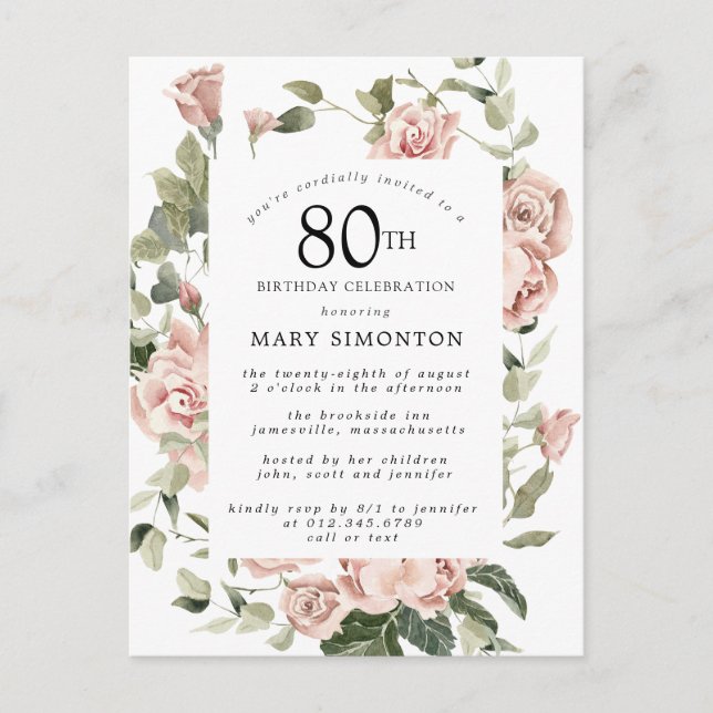Pink Rose Floral Greenery 80th Birthday Invitation Postcard (Front)