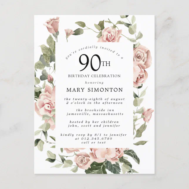 Pink Rose Floral Greenery 90th Birthday Invitation Postcard | Zazzle