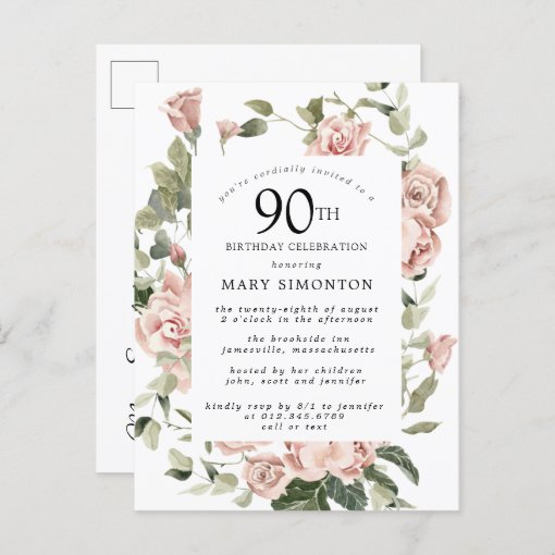 Pink Rose Floral Greenery 90th Birthday Invitation Postcard | Zazzle