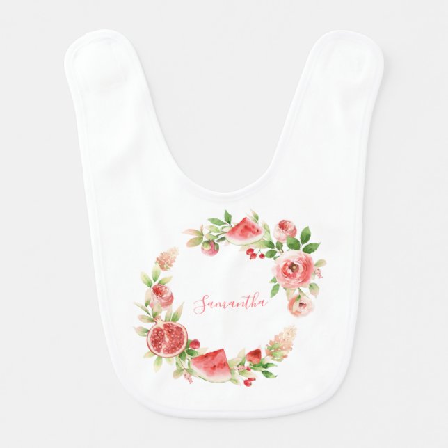 Pink Rose Floral Greenery Baby Girl Baby Bib (Front)