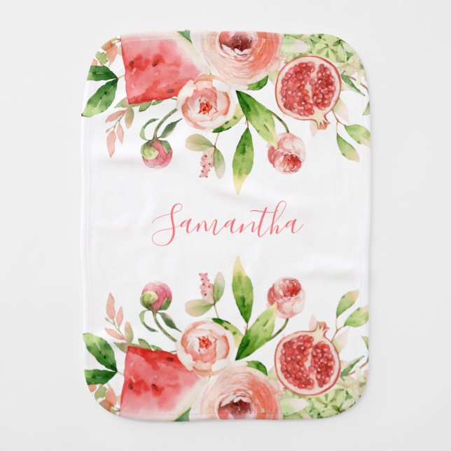 Pink Rose Floral Greenery Baby Girl Baby Burp Cloth (Front)