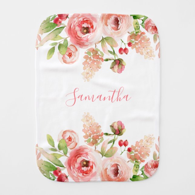 Pink Rose Floral Greenery Baby Girl  Baby Burp Cloth (Front)